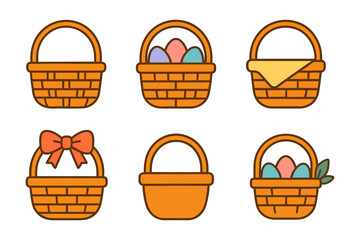 Set of cute cartoon style baskets with eggs and decorations