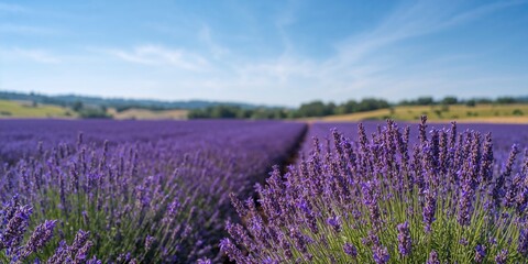 Fototapeta premium Purple lavender blooms in a natural setting, serving as a background for botanical layouts and floral arrangements