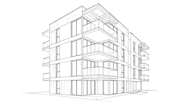 Perspective drawing of a modern minimalist apartment building with balconies