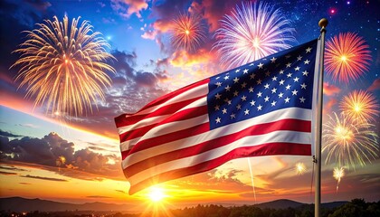 American flag waves proudly against a dramatic sunset sky with vibrant fireworks exploding overhead celebrating national pride and freedom during an evening festivity