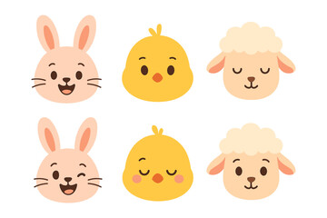 Obraz premium Cute animal faces collection: bunny, chick, and lamb in flat cartoon style