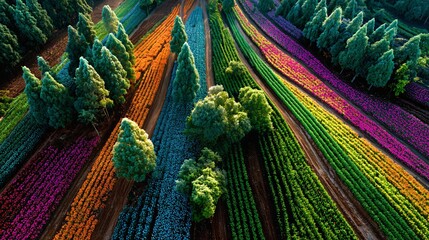 Aerial view of vibrant multicolored crop fields with trees, showcasing sustainable agriculture and environmental conservation, technology in farming, yield prediction