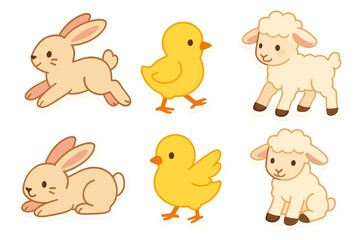 Cute cartoon spring animals set featuring bunny, chick, and lamb