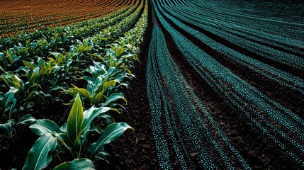 Ai in agriculture yield prediction systems using technology for smart farming and sustainable crop management with corn plants growing in rows on fertile soil