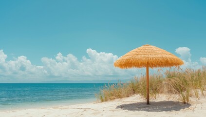 Beach scene featuring a straw umbrella under a bright blue sky, emphasizing sun protection and relaxation