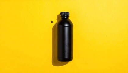 Black Bottle Against Bright Yellow Background With Strong Shadows And A Small Silver Ball Nearby Object