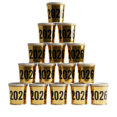 Pyramid of 2026 golden cups isolated on transparent background