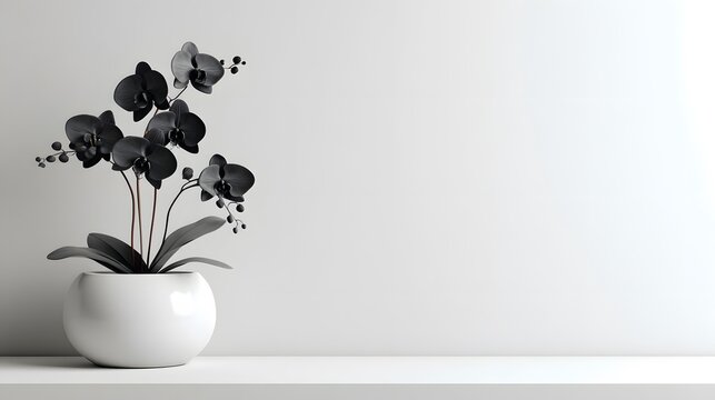 Minimalist composition featuring a dark exotic bloom resting in a smooth container against a pale backdrop