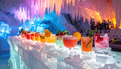 An Ice Bar With A Variety Of Colorful Cocktails Arranged In A Row Displayed On A Transparent Ice Countertop With Icicles Hanging Above Illuminated By Blue And Purple Lights