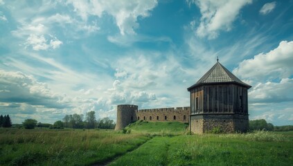 Obraz premium Ancient citadel being restored in a traditional Cossack settlement, emphasizing heritage conservation efforts.