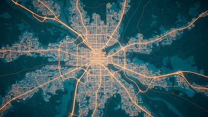 A nighttime aerial view of a cityscape with illuminated roads and streets showcasing urban development and infrastructure