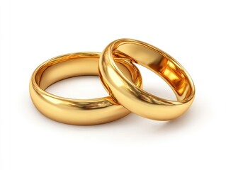 Two interlocking gold wedding bands gleam on white