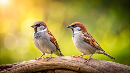 Two small birds perched on a weathered branch bathed in warm, soft golden sunlight with a blurred green background