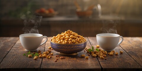 Foxnuts, peanuts, and chanadal mix prepared as Makhana Chiwda, paired with two cups of tea, traditional snack