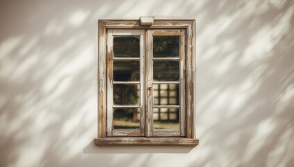 Obraz premium Outdoor wooden window with peeling paint used as a rustic background for design projects, weathered textures