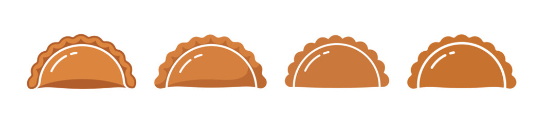 Fototapeta premium Four cartoon-style brown empanadas or dumplings with crimped edges in a row on a white background.