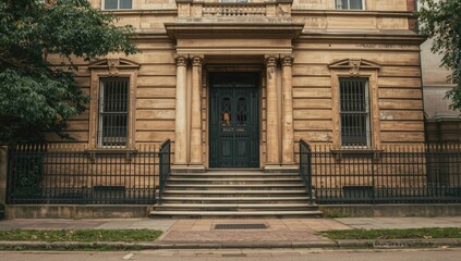 Obraz premium Old colonial house with textured walls and wrought iron gate, highlighting architectural details and urban setting