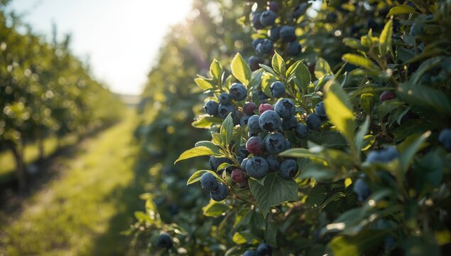 Ripe blueberries on Duke variety bushes at a u-pick farm under bright sunlight, emphasizing nutritious organic produce for a health-conscious diet, Summer Solstice