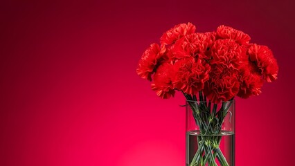Obraz premium Bouquet of vibrant red carnation flowers in a clear glass vase against a solid red background valentine's day