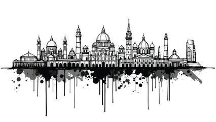 Fototapeta premium Famous landmarks silhouette with dark ink drip texture