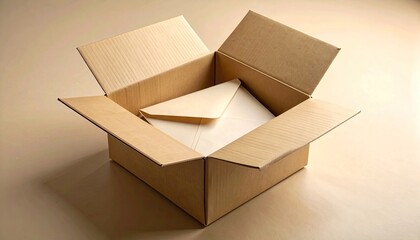 An Open Cardboard Box Filled With Envelopes and Documents on a Light Brown Surface with Soft Lighting