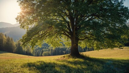 Fototapeta premium Tranquil summer woodland filled with green foliage and sunlight, suitable for outdoor and nature-themed layouts