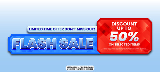 Colorful flash sale discount banner vector template design with editable text for business promotion, website header, and digital marketing use.