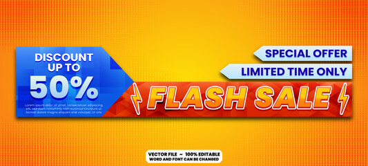 Special offer flash sale discount banner design with editable text for e-commerce website header, online store promotion, and digital marketing.
