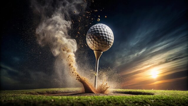 A golf ball explodes from a sand trap at sunset, creating a dramatic cloud of dust and sand particles