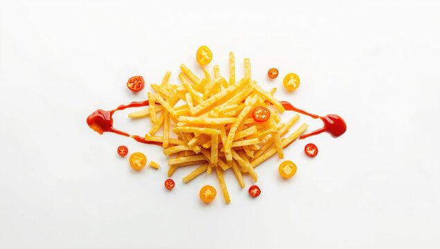 Plate of French fries topped with hot peppers, suitable for casual restaurant meals and lunchtime servings