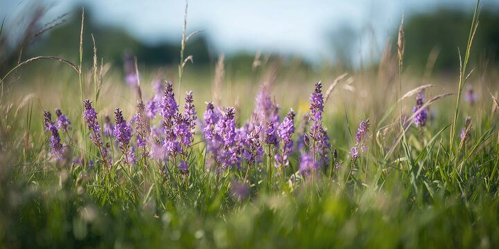 Purple flowers in a field, ideal for background layouts or editorial headers, seasonal bloom patterns - Powered by Adobe