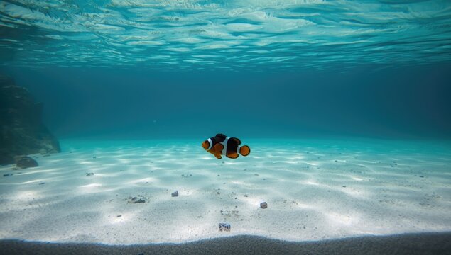Horizontal image of clown fish resting on ocean floor, highlighting tropical sea habitat and fish care, Earth Day