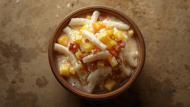Flat lay of Filipino Buko Salad with strips of young coconut, sweetened cream, and mixed fruit, fruit-based treats, International Day of Awareness of Food Loss and Waste