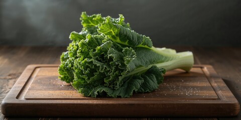 Fresh green kale and cabbage leaves arranged on a chopping surface, highlighting healthy vegetable prep