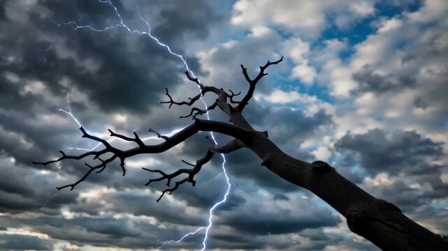 Striking image of a lightning bolt illuminating a dark sky with dramatic clouds, featuring a gnarled tree branch reaching out