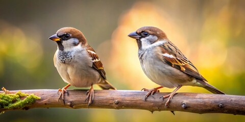 Two small brown birds perched on a weathered branch with soft, blurred green and gold foliage in the background