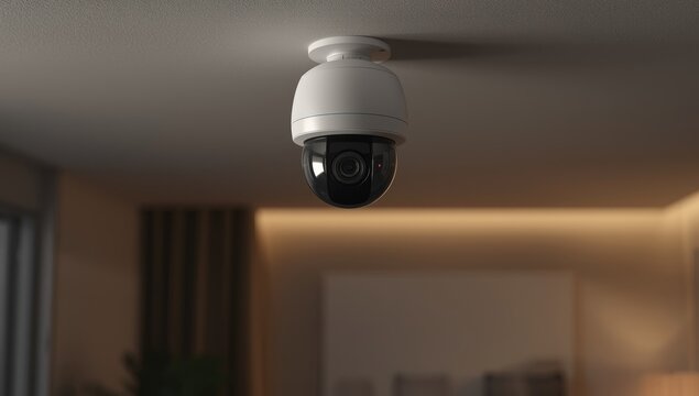 Ceiling-mounted IP security camera used for remote home surveillance with smartphone access, National Safety Month - Powered by Adobe