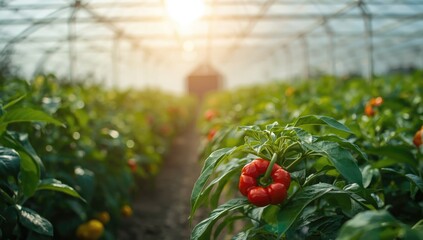 Pepper plants bearing ripe paprika peppers, suitable for agricultural efficiency assessment