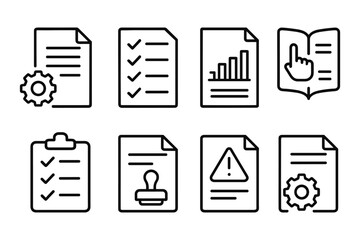 Set of linear document icons with checklist and graph elements for office use