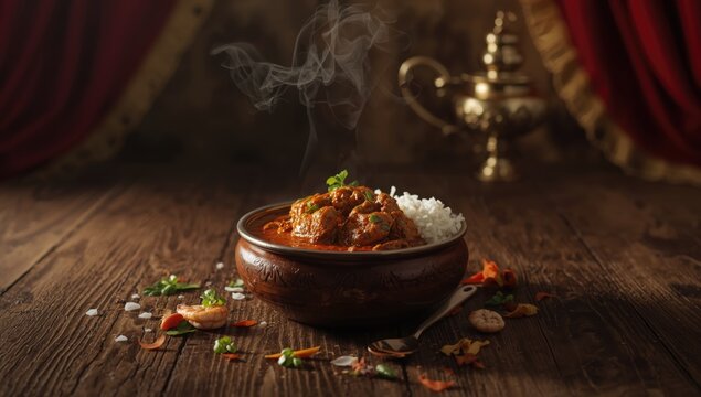 A plate of Indian food featuring rich spices and varied textures, ideal as a food blog layout background, World Food Day