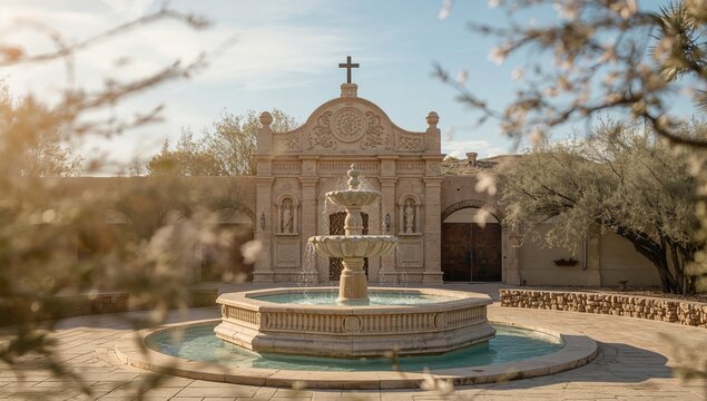 A fountain constructed by Spanish missionaries at a 1692 mission in the Americas, highlighting heritage and colonial influence
