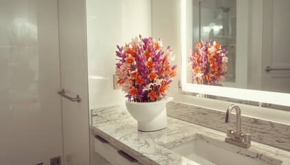 Synthetic flower display mimicking a toilet, unconventional floral decor, indoor arrangement, Earth Day