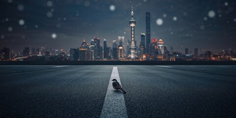 Bird perched on a deserted street with recognizable city landmarks in the distance, urban maintenance perspective