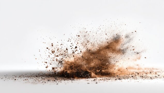 Exploding burst of earthy brown particles on a stark white surface, frozen in air