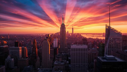 Obraz premium Colorful evening sky casting warm light over a modern cityscape with sunlight filtering through skyscrapers