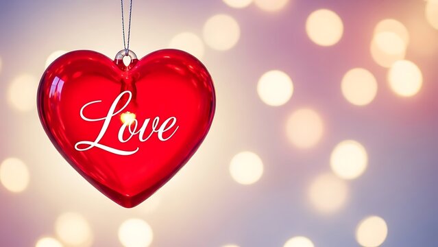 Red heart ornament with love text on colorful bokeh background for valentines day