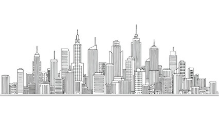 Obraz premium Clean linear drawing of a modern urban skyline with diverse skyscrapers