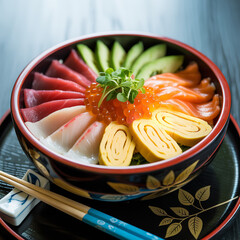 Gourmet Chirashi Sushi Bowl with Salmon Tuna Avocado Ikura and Tamago Slices in Ornate Black and Gold Lacquerware