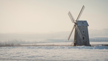 Old windmill with snow-covered blades and windows, highlighting rural architectural heritage in winter conditions
