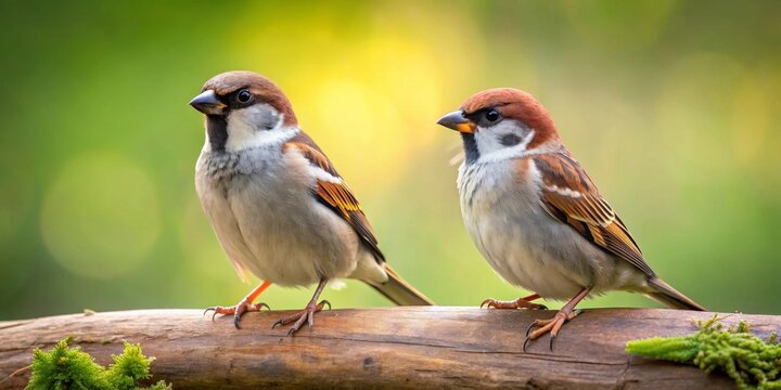 Two small birds perched together on a natural wooden branch, their detailed feathers and watchful eyes capturing a moment of quiet observation amidst soft green and golden foliage